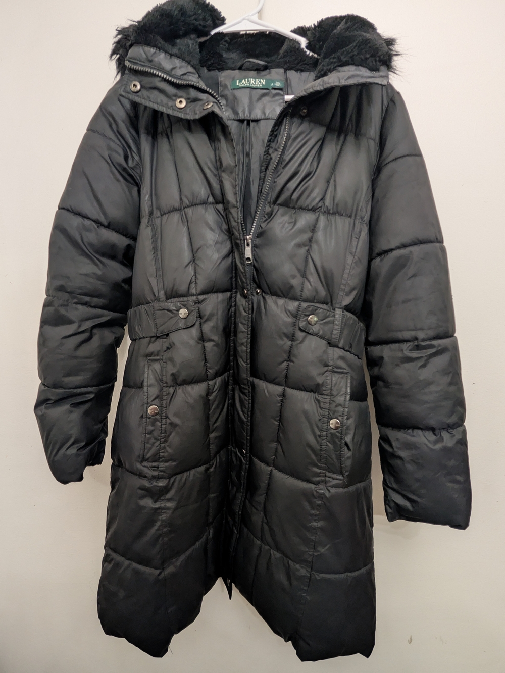 Lauren Ralph Lauren Long Black Puffer Coat Faux Fur Hood - Size S